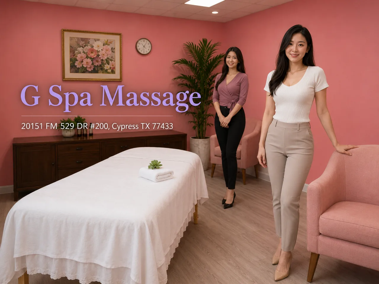 Two friendly therapists standing together in a pink massage room at G Spa Massage Cypress